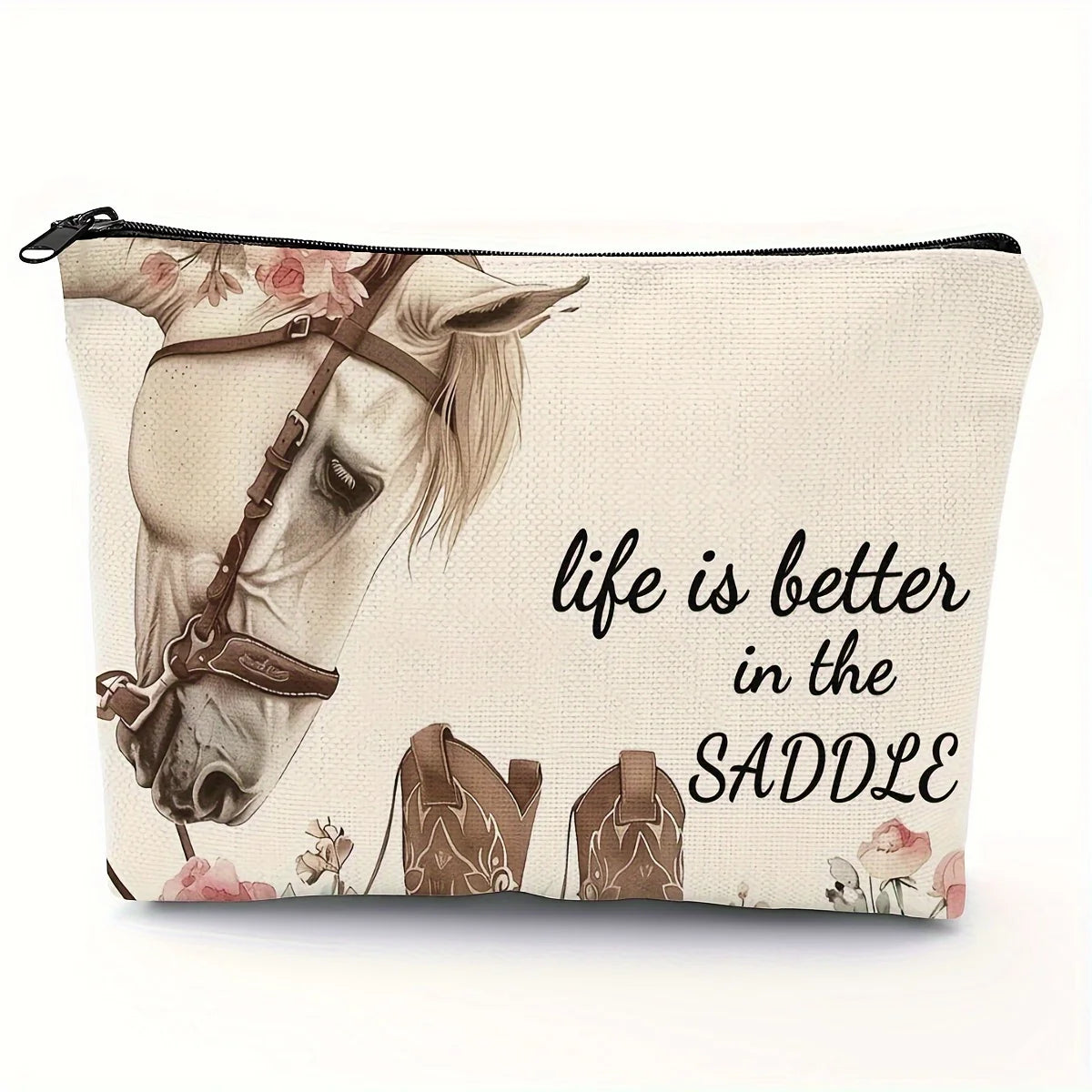 Western Horse “Life Is Better in the Saddle” Makeup Bag