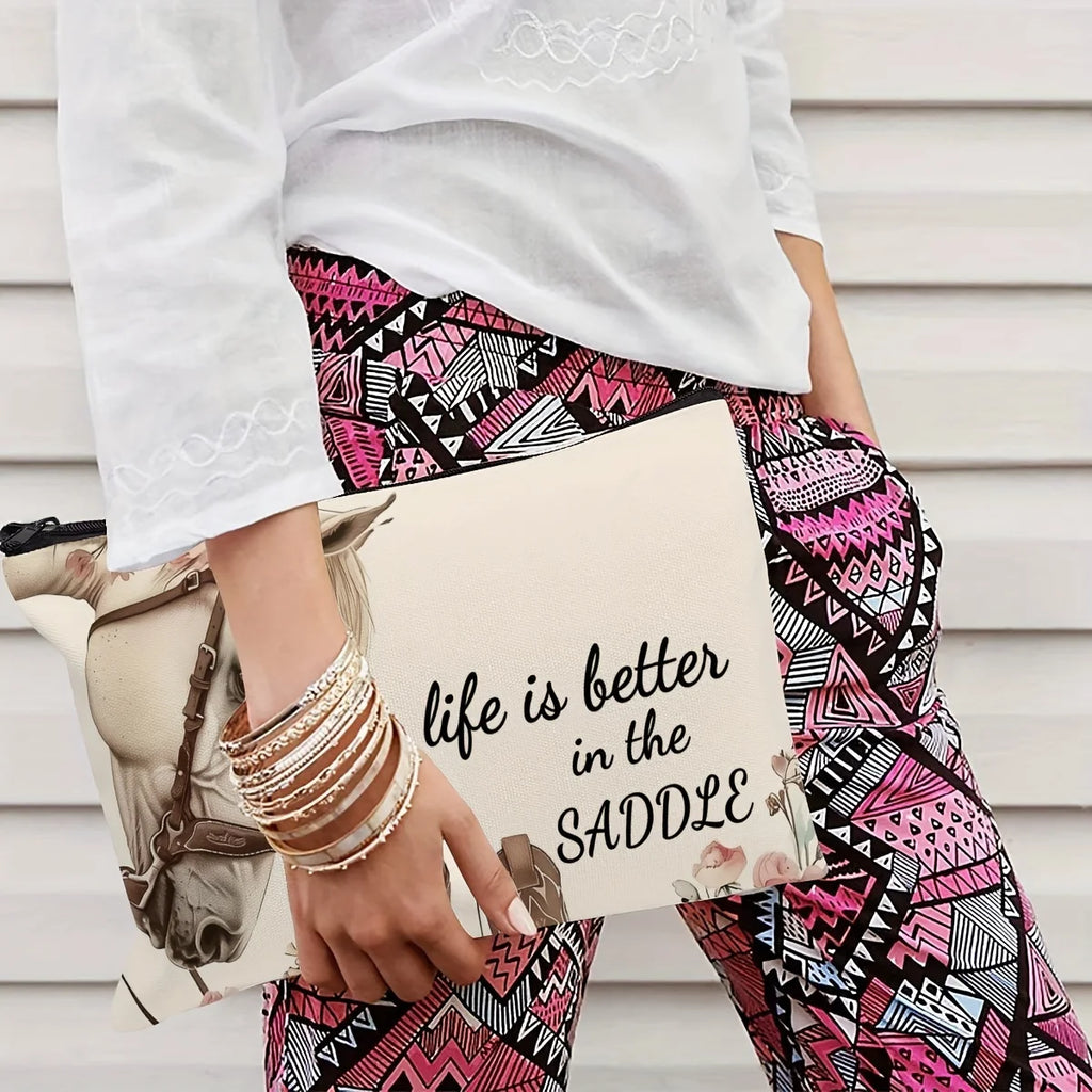 Western Horse “Life Is Better in the Saddle” Makeup Bag